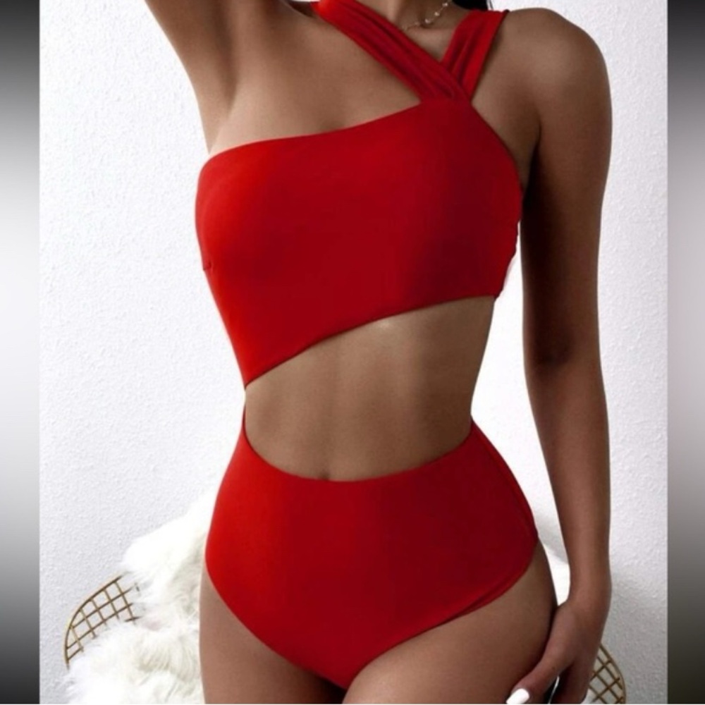 Red Cut Out Asymmetrical Swimsuit one piece small S
